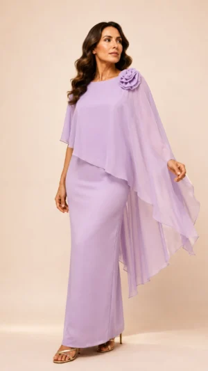 Ylma modas vestidos de fiesta, novia y comunión Vestido largo lavanda con capa de gasa y flor en el hombro