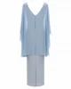 Vestido largo azul cielo con capa de gasa y hombros bordados Vestido largo azul cielo con capa de gasa y hombros bordados