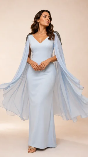 Ylma modas vestidos de fiesta, novia y comunión Vestido largo azul cielo con capa de gasa y hombros bordados