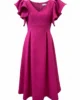 Vestido midi de brocado fucsia con falda de vuelo y volantes Vestido midi de brocado fucsia con falda de vuelo y volantes