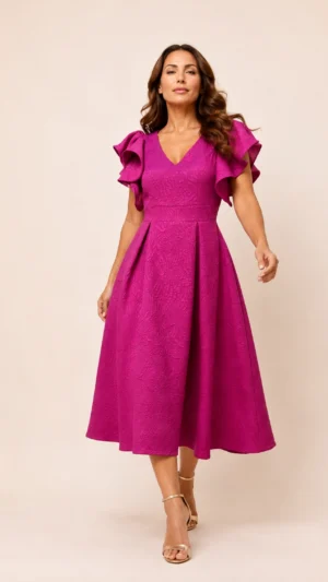 Vestido midi de brocado fucsia con falda de vuelo y volantes