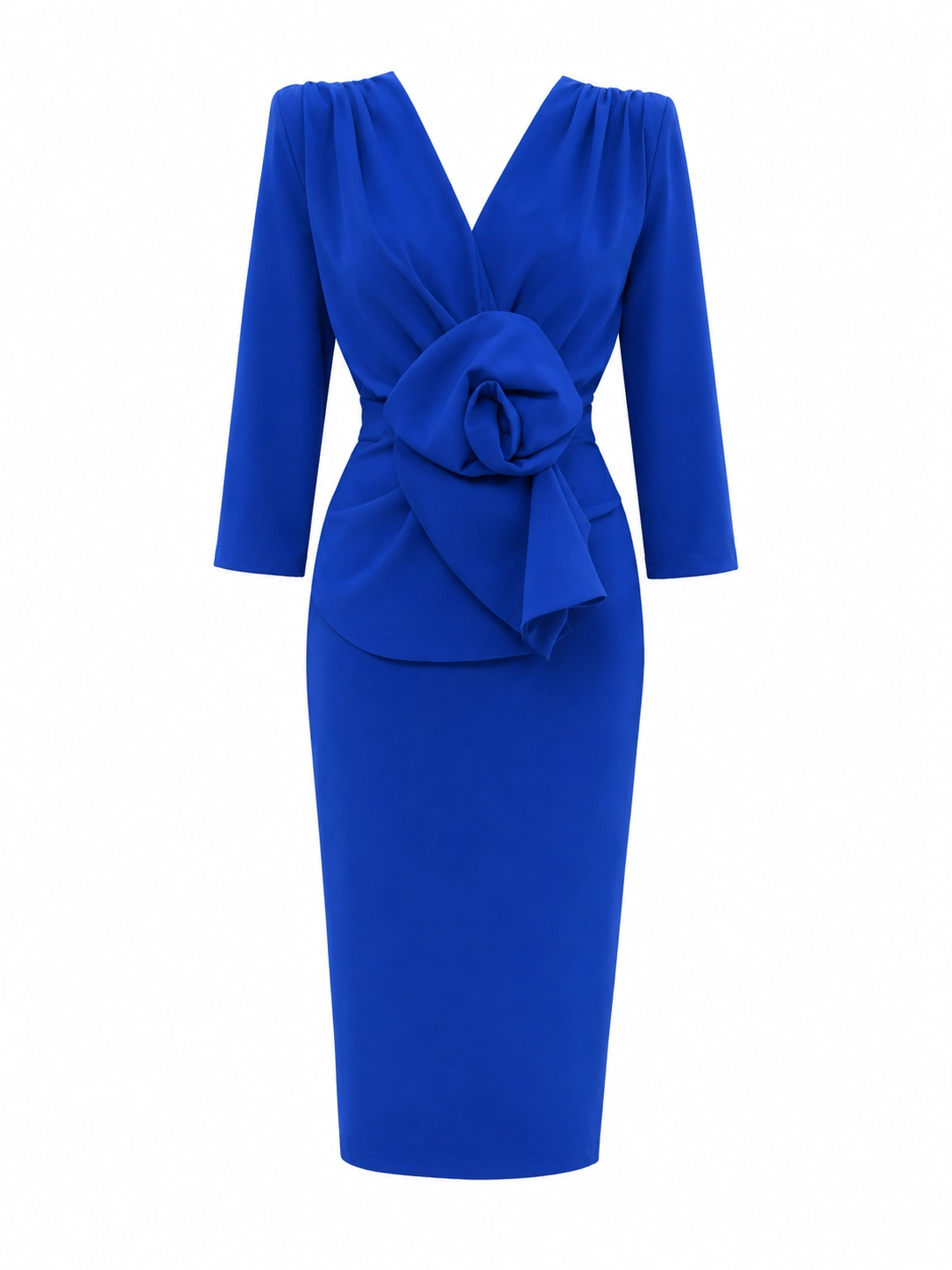 N111 (2) copia Vestido midi azul tinta de crepé con flor en cintura
