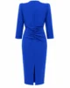 Vestido midi azul tinta de crepé con flor en cintura Vestido midi azul tinta de crepé con flor en cintura
