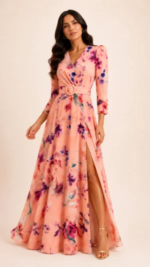 Ylma modas vestidos de fiesta, novia y comunión Vestido largo estampado de crepe con cinturón y abertura