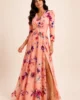 Vestido largo estampado de crepe con cinturón y abertura Vestido largo estampado de crepe con cinturón y abertura