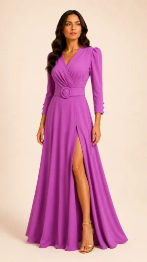 Ylma modas vestidos de fiesta, novia y comunión Vestido largo de crepe orquídea con cinturón y abertura
