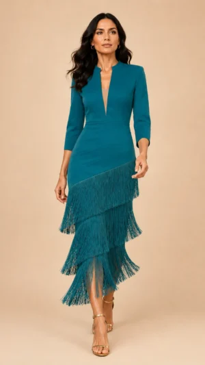 Ylma modas vestidos de fiesta, novia y comunión Vestido midi verde petróleo con falda de flecos