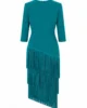 Vestido midi verde petróleo con falda de flecos Vestido midi verde petróleo con falda de flecos