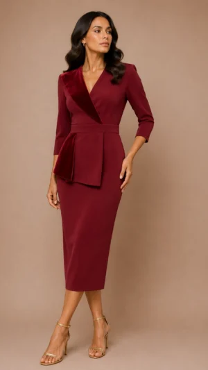 Ylma modas vestidos de fiesta, novia y comunión Vestido midi granate con terciopelo y peplum