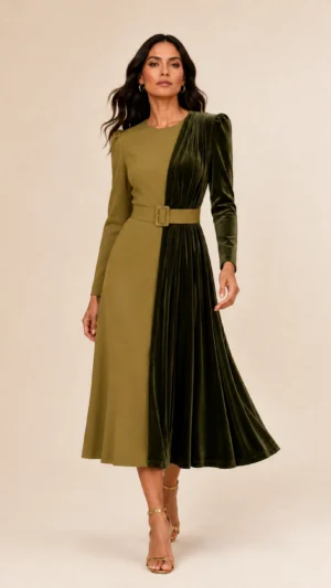 Ylma modas vestidos de fiesta, novia y comunión Vestido midi oliva de crepe y terciopelo combinado