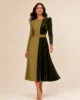 Vestido midi oliva de crepe y terciopelo combinado Vestido midi oliva de crepe y terciopelo combinado