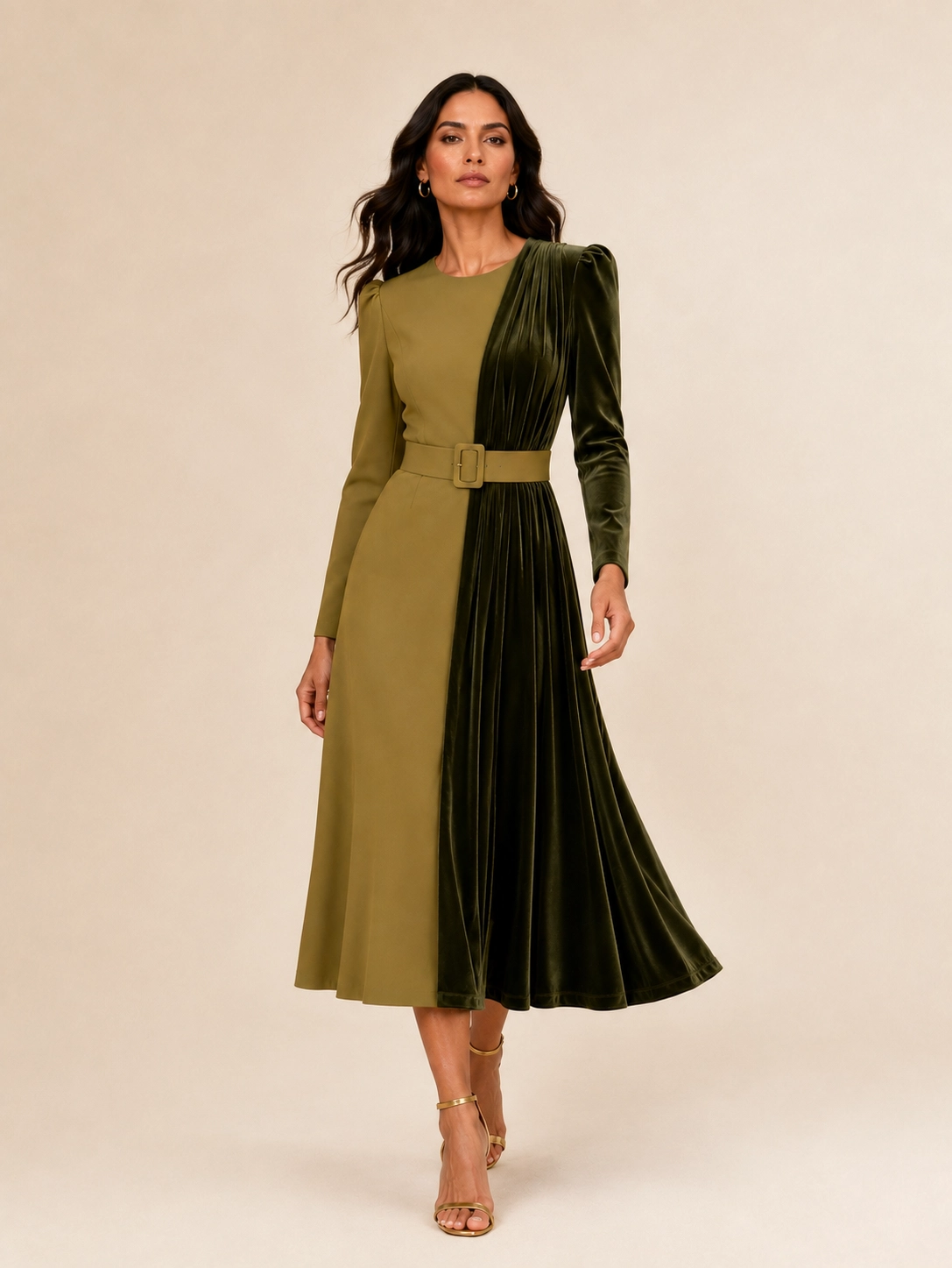 P119-oliva (1) copia Vestido midi oliva de crepe y terciopelo combinado