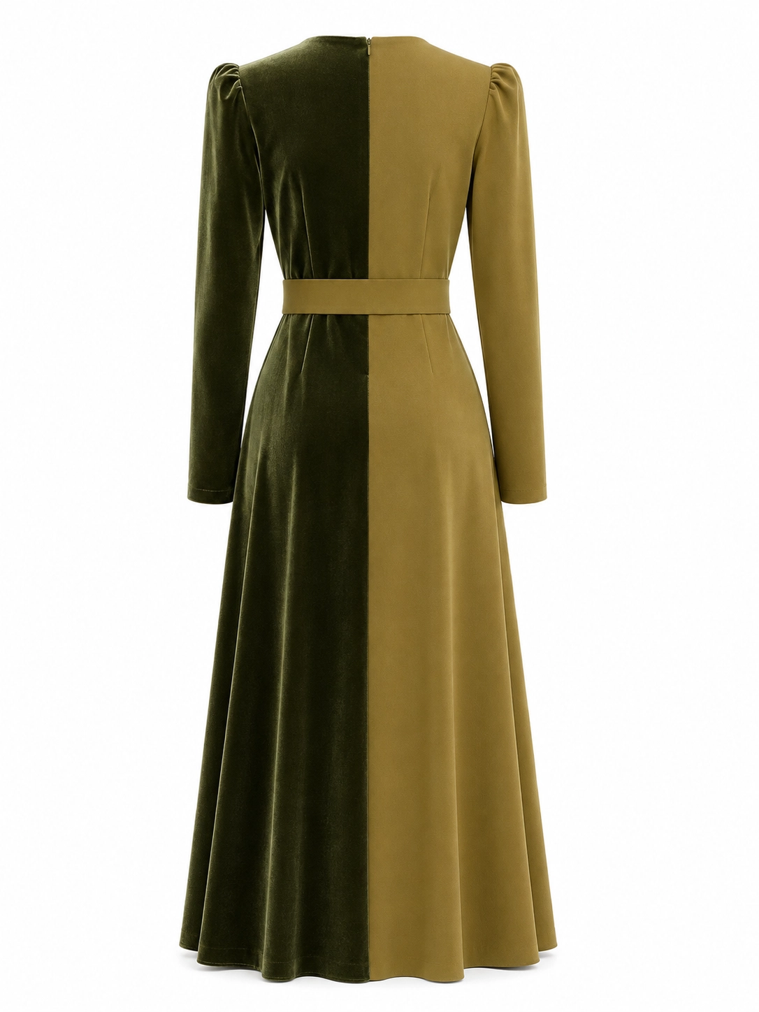 P119-oliva (2) copia Vestido midi oliva de crepe y terciopelo combinado