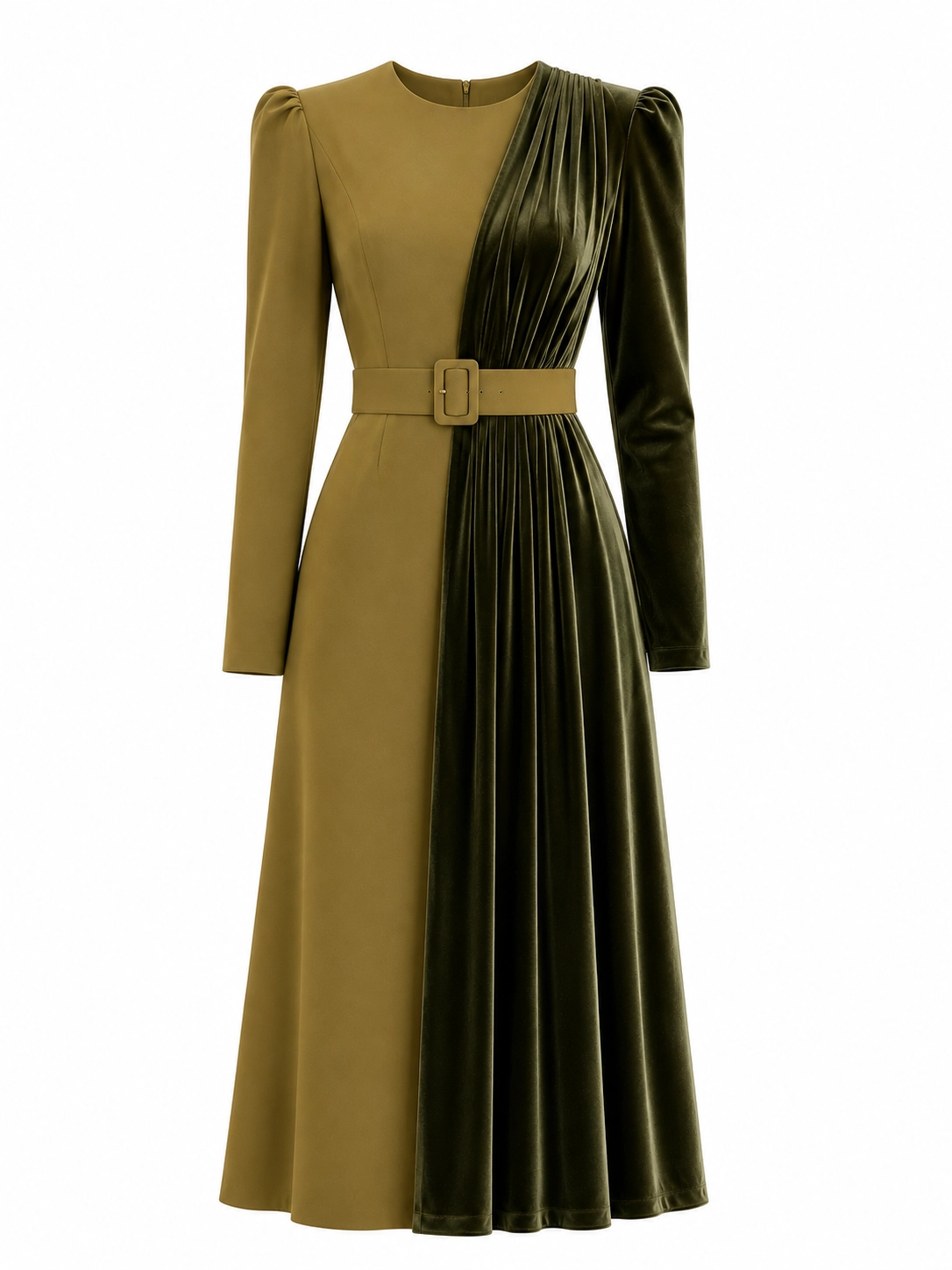 P119-oliva (3) copia Vestido midi oliva de crepe y terciopelo combinado