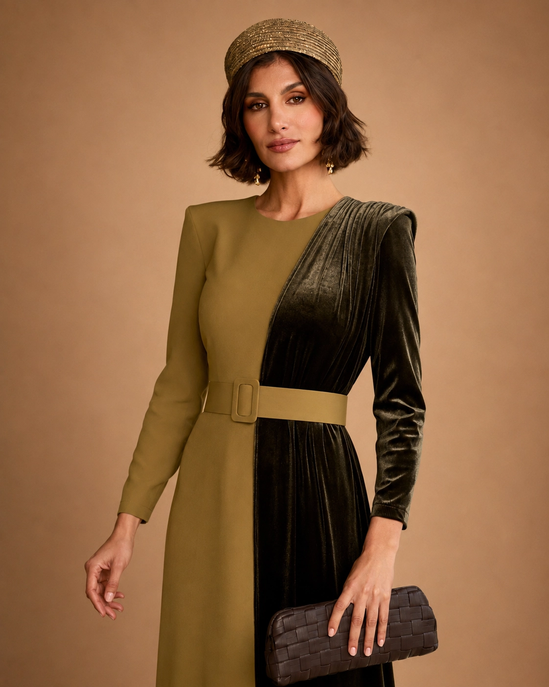 P119-oliva (4) copia Vestido midi oliva de crepe y terciopelo combinado