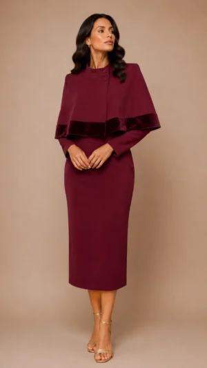 Ylma modas vestidos de fiesta, novia y comunión Conjunto de vestido midi con capa de terciopelo granate