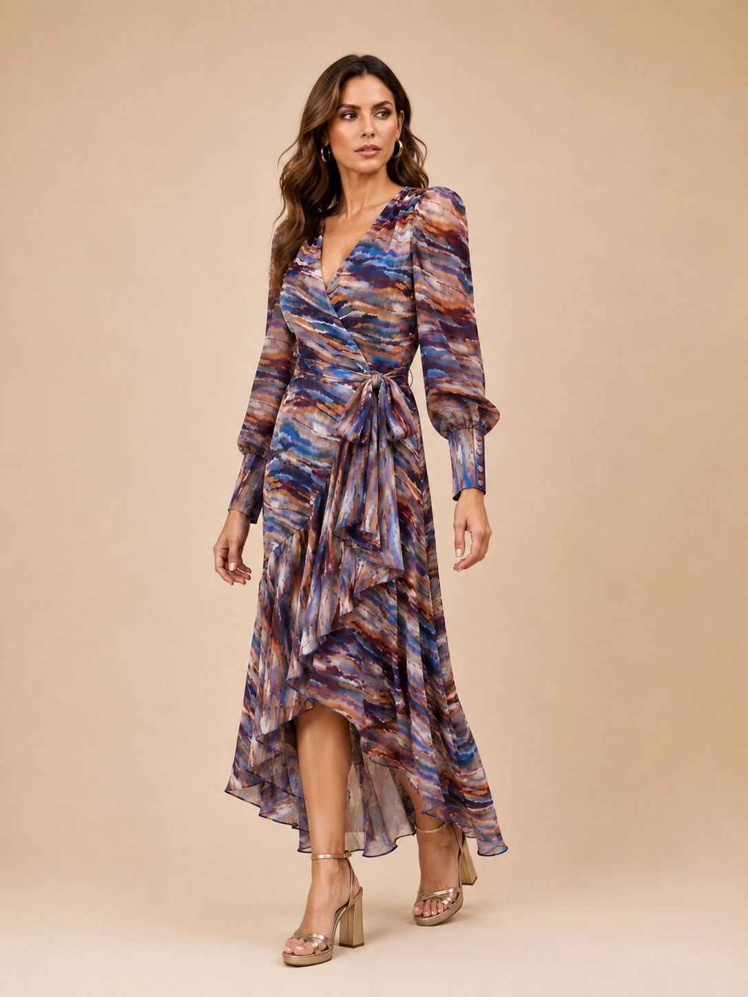 PAOLA-E2 (1) copia Vestido cruzado de gasa estampada en tonos azules y ocres