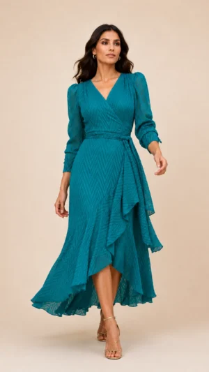 Ylma modas vestidos de fiesta, novia y comunión Vestido de gasa verde petróleo con flocado en zig zag
