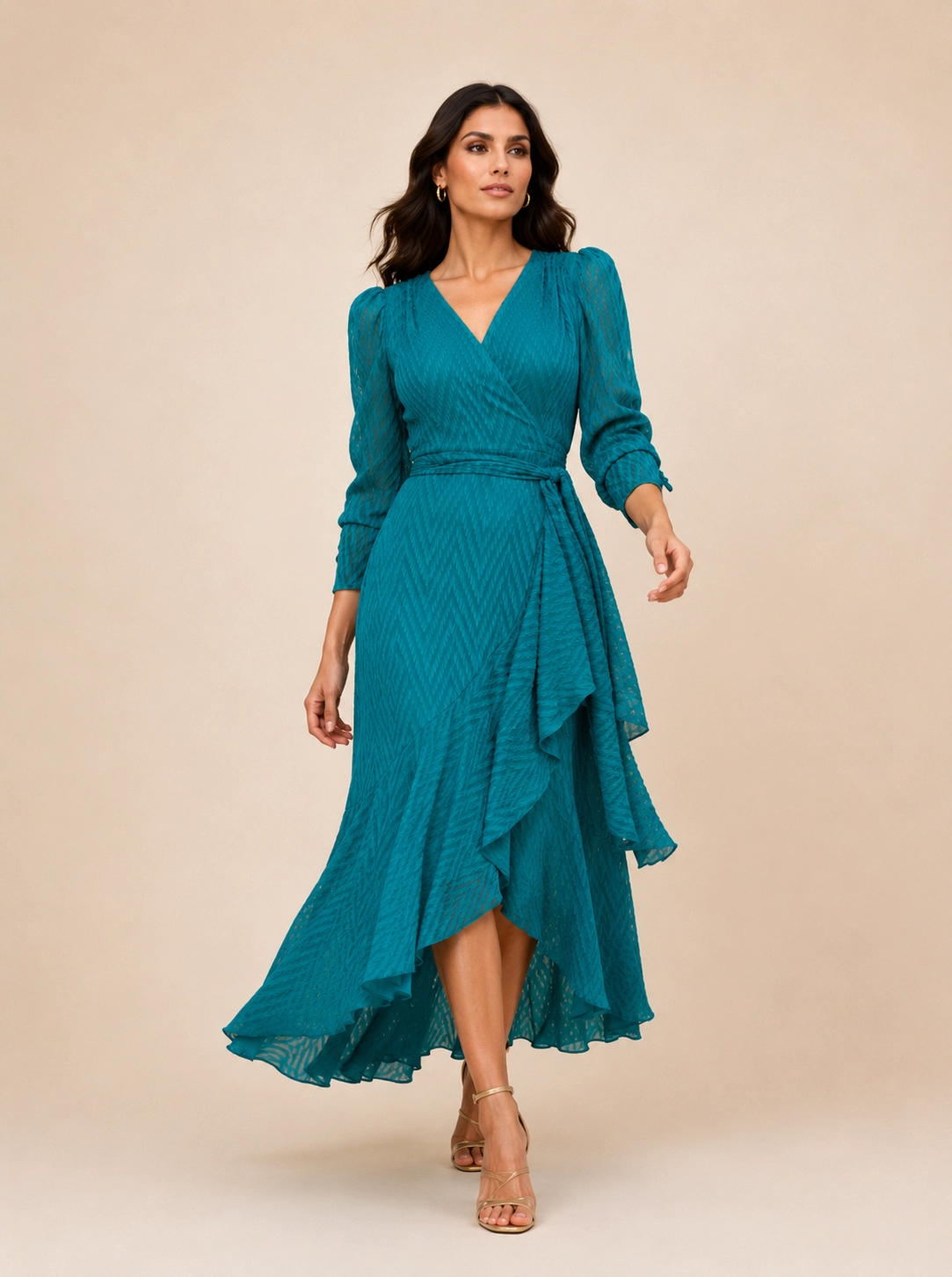 PAOLA-FLOC (0) copia Vestido de gasa verde petróleo con flocado en zig zag