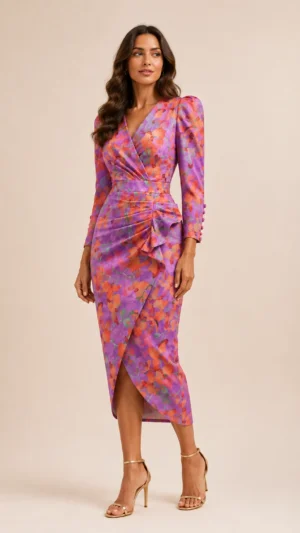 Vestido midi estampado orquídea con escote cruzado y drapeado