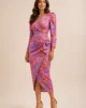 Vestido midi estampado orquídea con escote cruzado y drapeado Vestido midi estampado orquídea con escote cruzado y drapeado