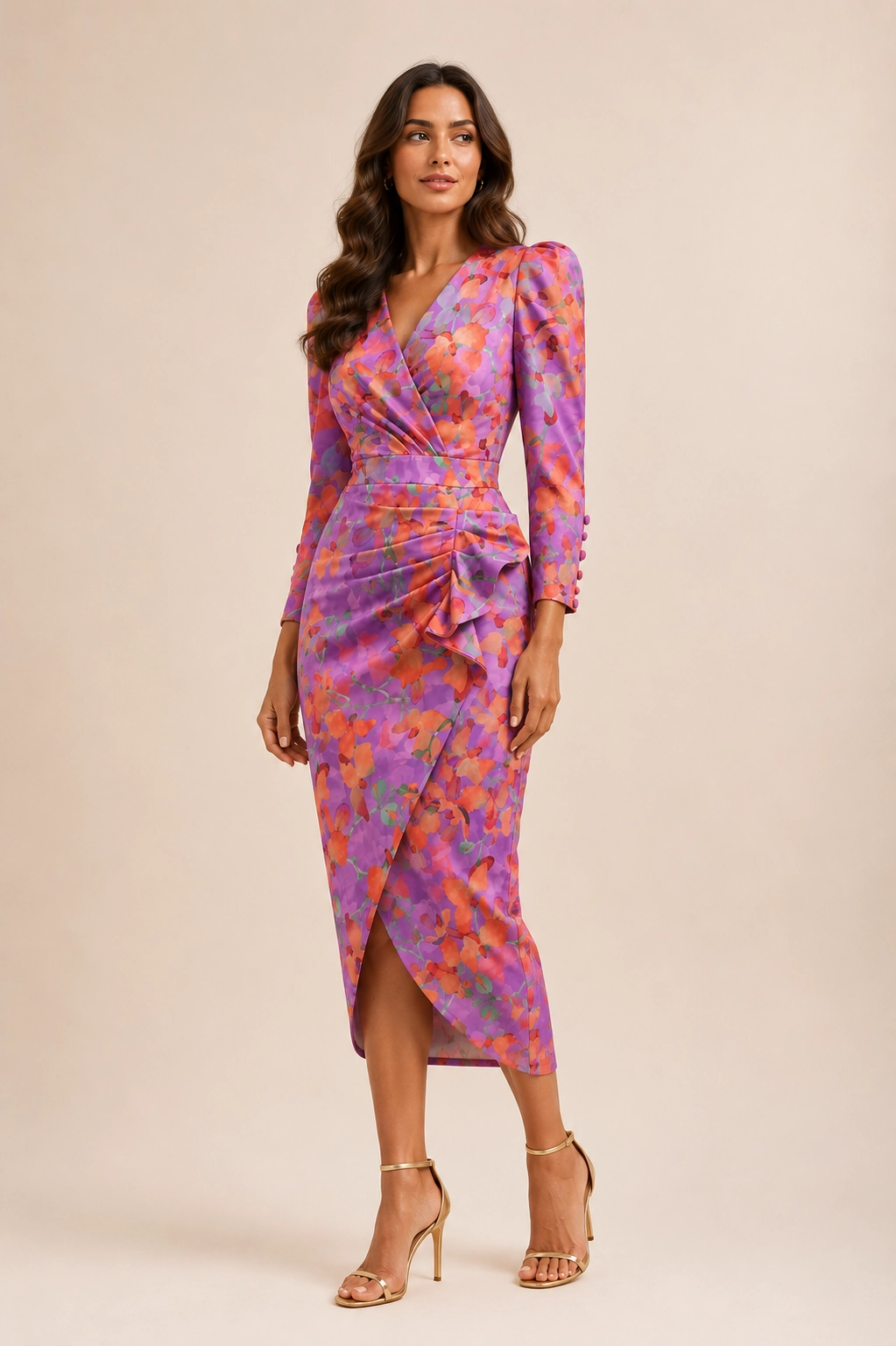 ROCIO-E-ORQUIDEA copia Vestido midi estampado orquídea con escote cruzado y drapeado