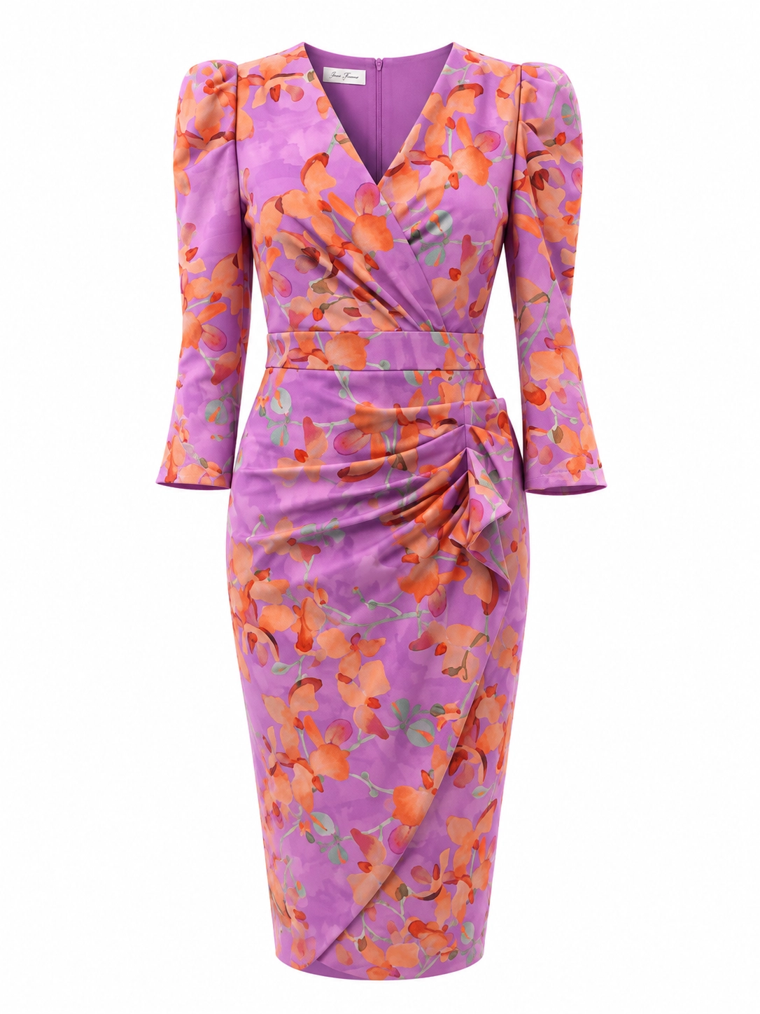ROCIO-E-ORQUIDEA1 copia Vestido midi estampado orquídea con escote cruzado y drapeado