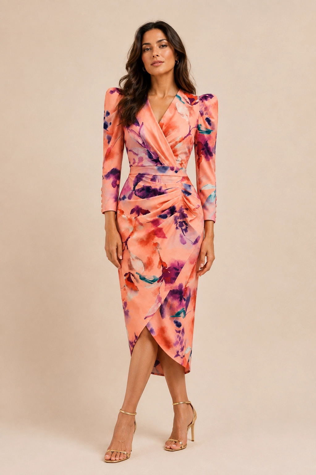 ROCIO-E-melocoton copia Vestido midi estampado salmón con escote cruzado y drapeado