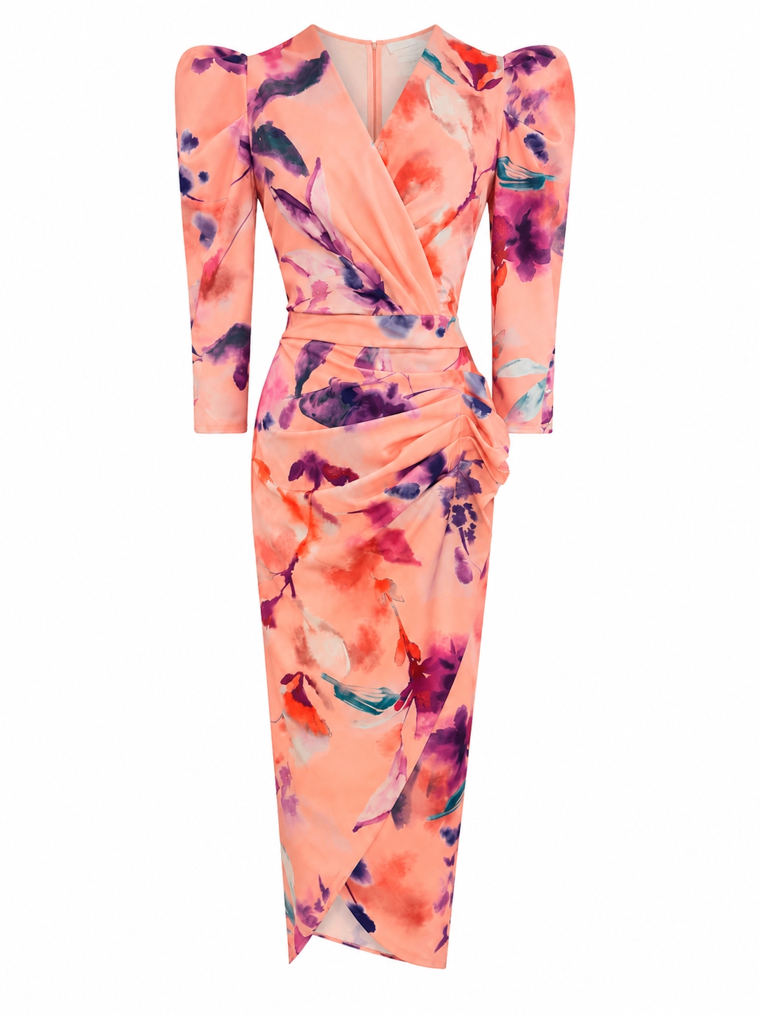 ROCIO-E-melocoton1 copia Vestido midi estampado salmón con escote cruzado y drapeado