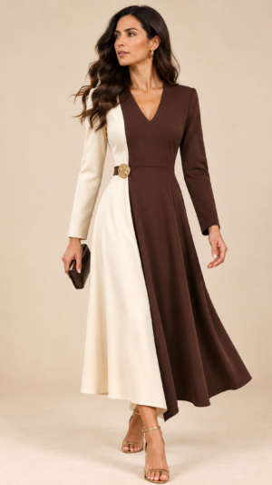 Vestido midi bicolor de crepe beige y marrón con broche dorado