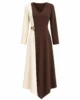 Vestido midi bicolor de crepe beige y marrón con broche dorado Vestido midi bicolor de crepe beige y marrón con broche dorado