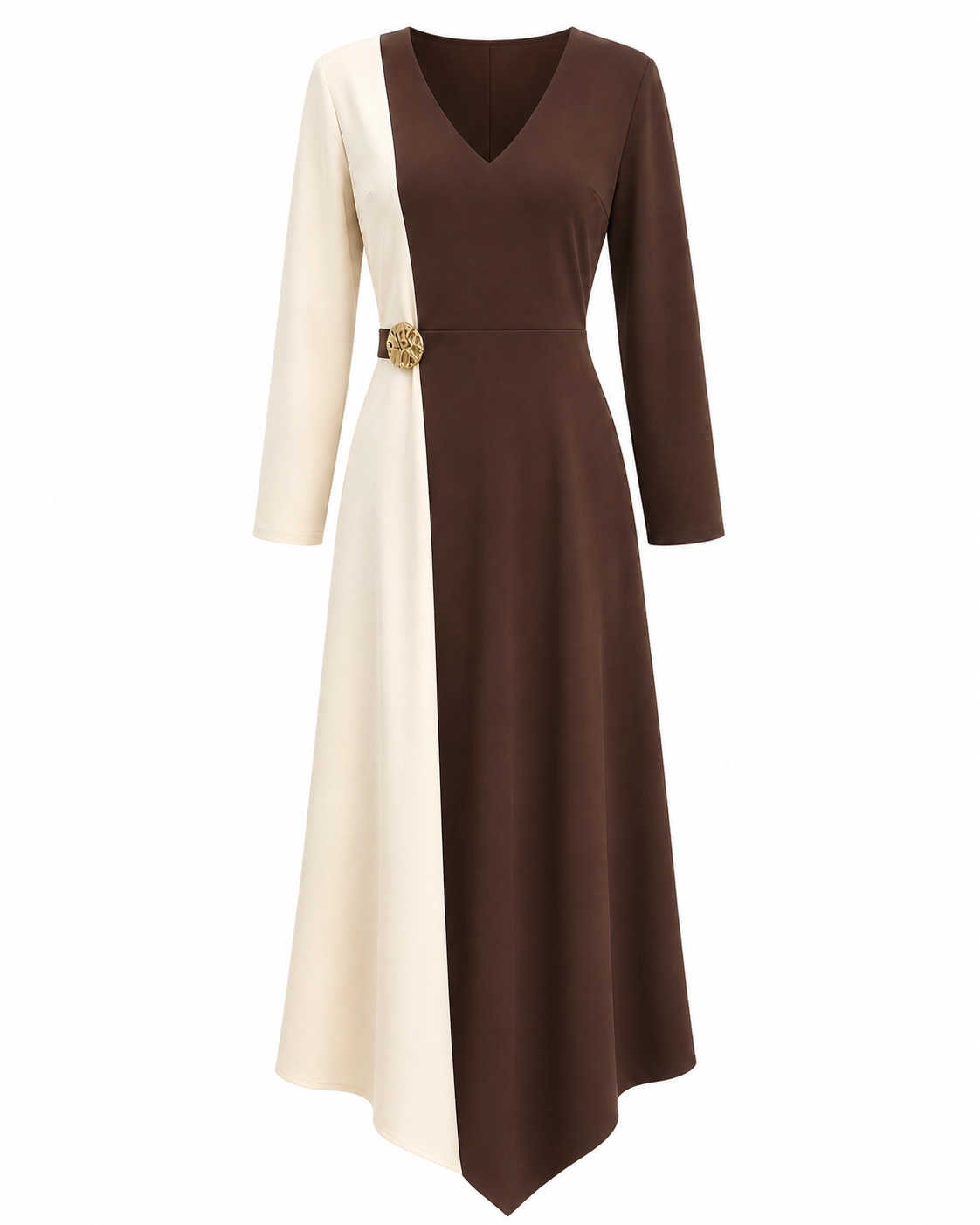 7767_marron (1) copia Vestido midi bicolor de crepe beige y marrón con broche dorado