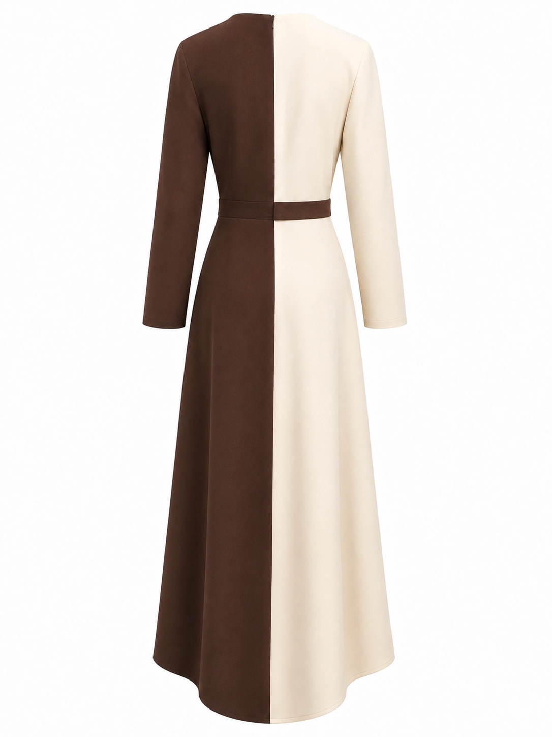 7767_marron (2) copia Vestido midi bicolor de crepe beige y marrón con broche dorado