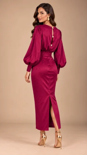 Vestido midi carmesí satinado con manga abullonada