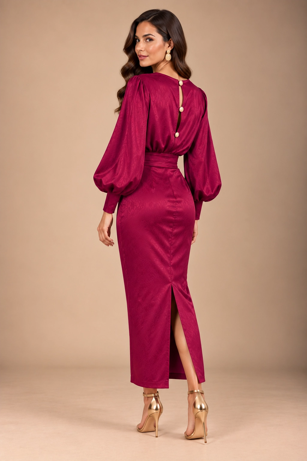 7875-1 (1) copia Vestido midi carmesí satinado con manga abullonada