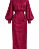 Vestido midi carmesí satinado con manga abullonada Vestido midi carmesí satinado con manga abullonada