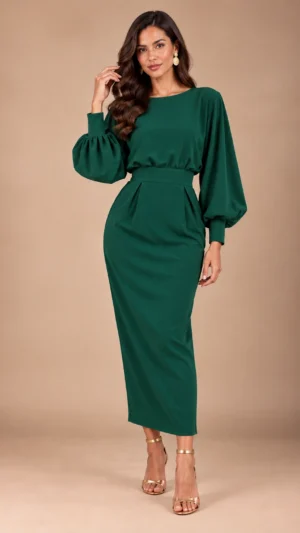 Vestido midi verde botella con manga abullonada