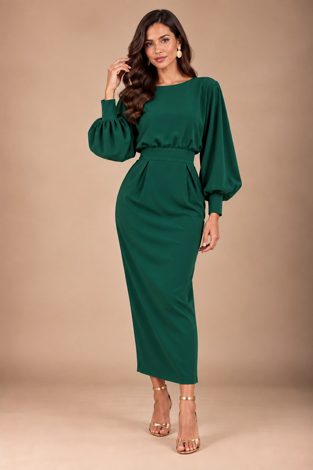 7875 (1) copia Vestido midi verde botella con manga abullonada
