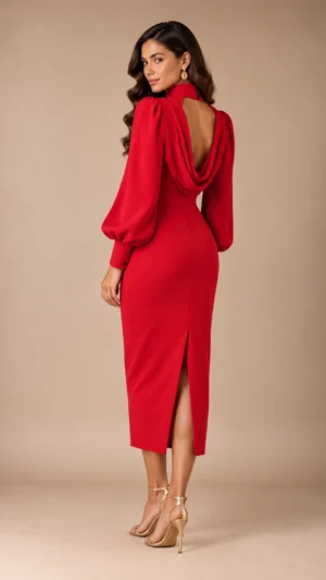 Vestido midi rojo de crepé con espalda drapeada