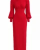 Vestido midi rojo de crepé con espalda drapeada Vestido midi rojo de crepé con espalda drapeada