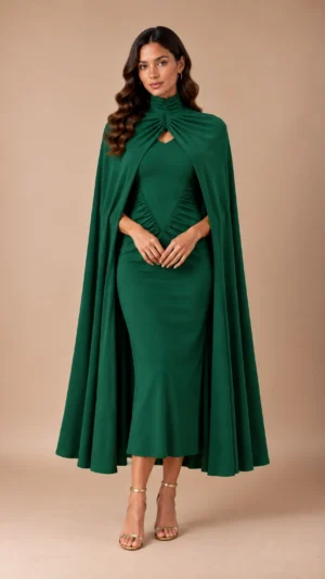 Conjunto vestido midi verde botella y capa de punto