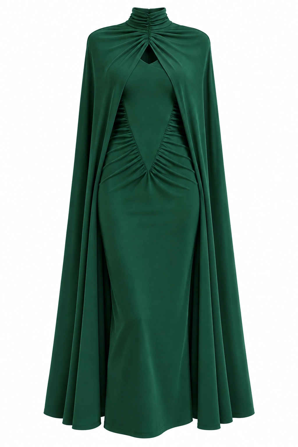 7885 (3) copia Conjunto vestido midi verde botella y capa de punto