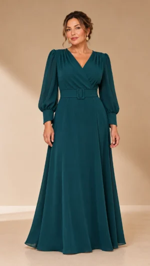 Vestido largo verde petróleo de gasa con cinturón