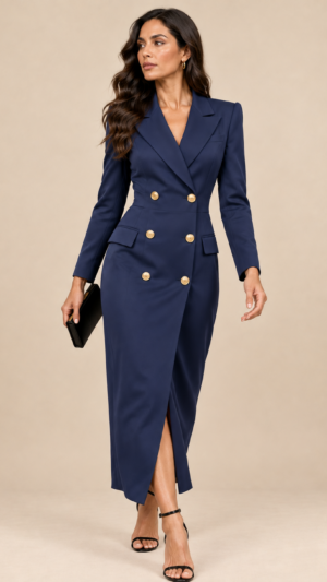 Vestido chaqueta midi azul tinta con botones dorados