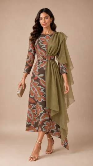 Vestido midi estampado con capa de gasa oliva