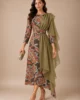 Vestido midi estampado con capa de gasa oliva Vestido midi estampado con capa de gasa oliva