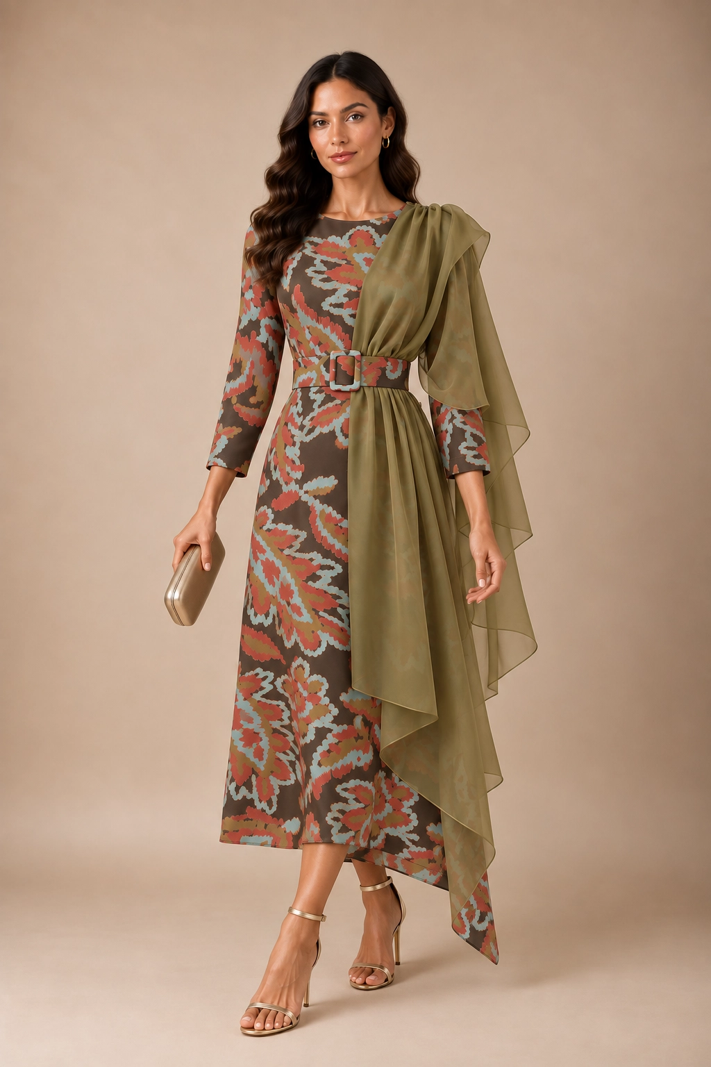 P105E (1) copia Vestido midi estampado con capa de gasa oliva