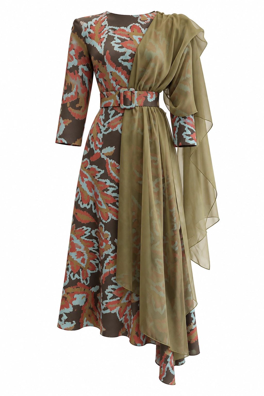 P105E (2) copia Vestido midi estampado con capa de gasa oliva