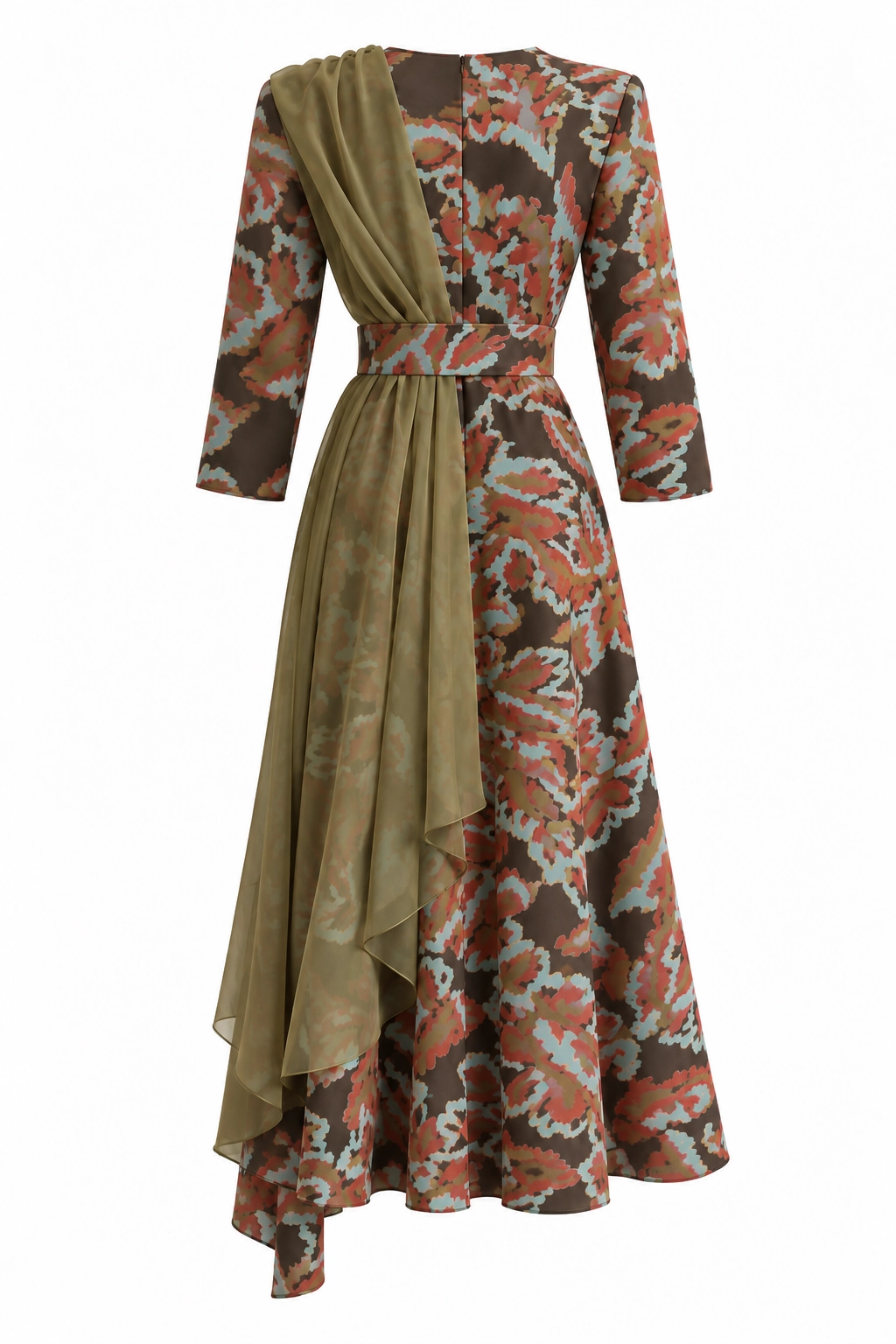 P105E (3) copia Vestido midi estampado con capa de gasa oliva
