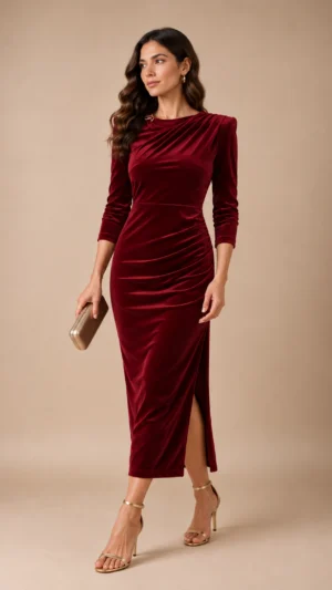 Vestido midi granate de terciopelo con drapeado